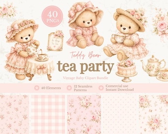 Coquette Teddy Bear Tea Party Clipart Bundle, Vintage Baby Bear PNG, Soft Pink Watercolor Nursery Clipart, Floral Tea Time Commercial Use
