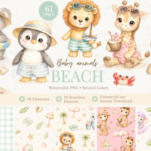 Pode incluir: Ilustrações em aquarela de animais bebês na praia, incluindo um coala, um pinguim, um leão, uma girafa e um urso. A imagem inclui a palavra "Beach" e o texto "Baby animals BEACH". Contém 61 PNGs e 16 padrões sem costura.