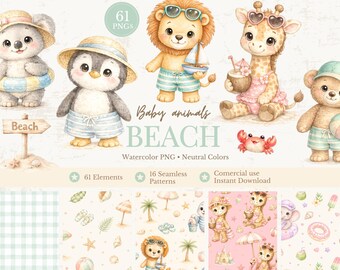 Baby Beach Animals Clipart Bundle, Summer Baby Animals PNG, Nursery Beach Clipart, Seamless Patterns, Commercial Use
