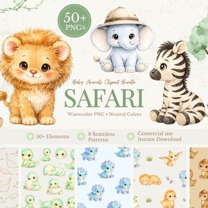 Pode incluir: Pacote de clipart em aquarela com animais de safari bebês: girafa, leão, elefante e zebra. A imagem inclui a palavra "SAFARI" e padrões com dinossauros e outros animais bebês. O clipart é em cores neutras.