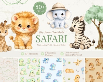 Baby Safari Animals Clipart Bundle, Watercolor Jungle Baby PNG, Neutral Nursery Clipart, Seamless Patterns, Commercial Use