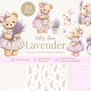 Pode incluir: Uma coleção digital de 20 elementos PNG com ursos de peluche em vestidos cor de lavanda, um coelho branco, plantas de lavanda, uma bicicleta e três padrões sem costuras. O texto inclui 20 PNGS, Teddy Bear Lavender e Lavender Garden Teddy Collection.