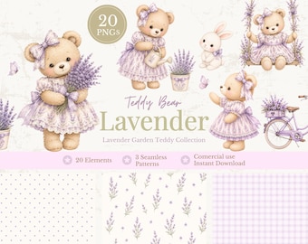 Lavender Teddy Bear Clipart PNG Bundle, Baby Girl Watercolor Bear, Lavender Nursery Clipart, 20 PNGs, 3 Seamless Patterns, Commercial Use