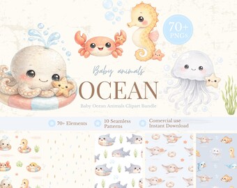 Baby Ocean Animals Clipart Bundle, Cute Sea Animals Watercolor PNG, Nursery Ocean Clipart, Under the Sea Baby, 10 Patterns