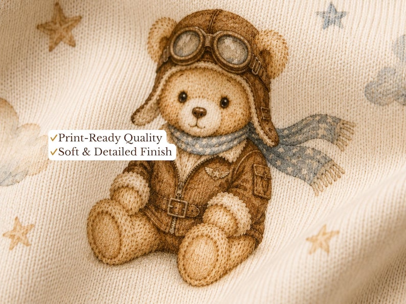 May include: A cream-colored fabric featuring a brown teddy bear wearing a brown aviator hat with goggles and a brown jacket, accented by a blue star-patterned scarf, with light blue clouds and gold stars, plus text reading Print-Ready Quality Soft & Detailed Finish.