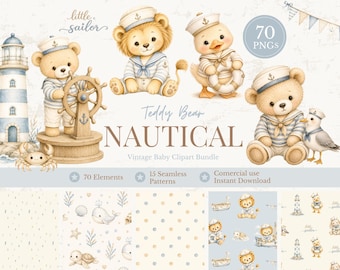 Vintage Baby Nautical Teddy Bears Clipart Bundle, Sailor Bear PNG, Coastal Nursery Clipart, Ocean Baby Animals, Seamless Patterns