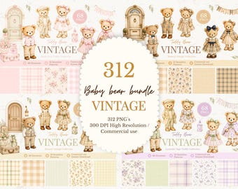 Vintage Teddy Bear Mega Bundle, 312 PNGs, Watercolor Baby Bear Clipart, Nursery Graphics, Commercial Use