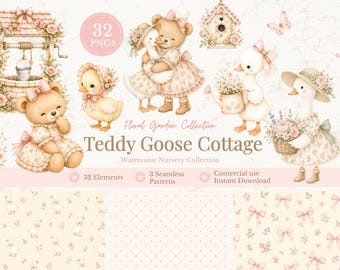Teddy Goose Cottage Clipart Bundle, Goose Bunny Teddy Bear Watercolor PNG, Floral Garden Baby Nursery Clipart, Commercial Use