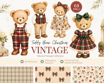 Christmas Teddy Bear Clipart Bundle, Vintage Watercolor Bear PNG, 68 PNGs, Christmas Plaid Clipart, Seamless Patterns