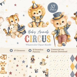 Könnte beinhalten: Aquarell-Clipart-Bundle mit Zirkustieren für Babys. Das Bild zeigt einen Elefanten, einen Tiger, einen Löwen, einen Bären und eine Giraffe. Der Text "Baby Animals CIRCUS" ist ebenfalls enthalten. Enthält 57 Elemente.