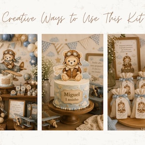 May include: A party decoration kit featuring a teddy bear pilot theme with blue and cream colors. The kit includes a cake topper, favor bags with tags, and framed signs. The text on the cake and signs reads Miguel 1 aninho and Sonha alto.