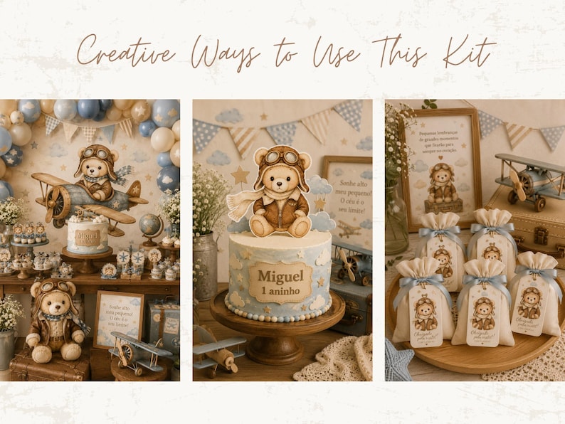 May include: A party decoration kit featuring a teddy bear pilot theme with blue and cream colors. The kit includes a cake topper, favor bags with tags, and framed signs. The text on the cake and signs reads Miguel 1 aninho and Sonha alto.