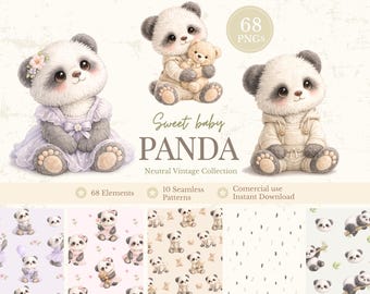 Sweet Baby Panda Watercolor Clipart Bundle – Cute Nursery Animals PNG, Neutral Baby Shower, 50+ Elements