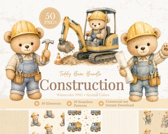 Construction Teddy Bear Clipart Bundle, Builder Bear PNG, Construction Baby Shower Clipart, Boy Nursery Decor, Watercolor Truck