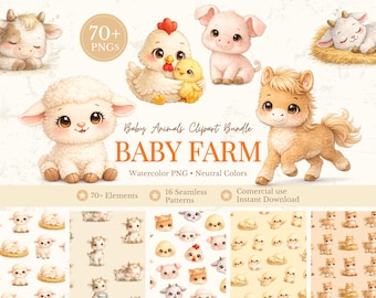 Baby Farm Animals Clipart Bundle, Watercolor Farm Animals PNG, Cute Farm Animals Clipart, Nursery Animals, Seamless Patterns