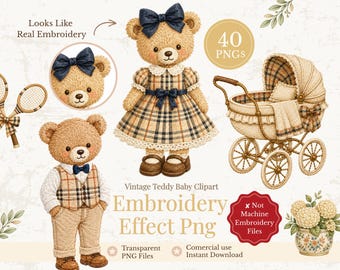 Vintage Teddy Bear Embroidery Effect PNG Bundle, 40 Baby Clipart PNG, Real Embroidery Look, Nursery Clipart, DTF Sublimation, Commercial Use