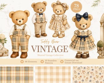 Vintage Teddy Bear Clipart PNG, Classic Plaid Baby Bear, Neutral Nursery Clipart, Baby Shower Graphics, Seamless Patterns, Commercial Use