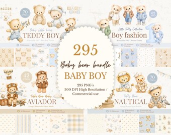 Baby Boy Teddy Bear Bundle, 295 PNGs, Watercolor Nursery Clipart, Aviator & Nautical Bears, Commercial Use
