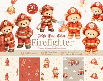 Firefighter Teddy Bear Clipart Bundle, Watercolor Fireman Bear PNG, Baby Shower Decor, Boy Nursery Art, Fire Truck