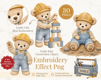 Construction Teddy Bear Clipart Bundle, Baby Builder Bear PNG, Embroidery Effect Clipart, Construction Nursery Decor, Commercial Use