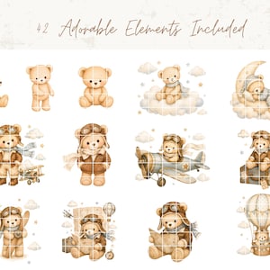 May include: A digital collection of 42 illustrations featuring light brown teddy bears in various poses, including sitting, sleeping on a crescent moon, and wearing aviator gear with airplanes, suitcases, and hot air balloons, with the text 42 Adorable Elements Included.