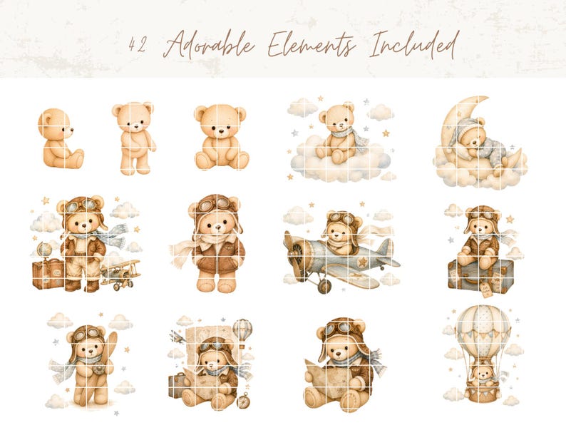 May include: A digital collection of 42 illustrations featuring light brown teddy bears in various poses, including sitting, sleeping on a crescent moon, and wearing aviator gear with airplanes, suitcases, and hot air balloons, with the text 42 Adorable Elements Included.