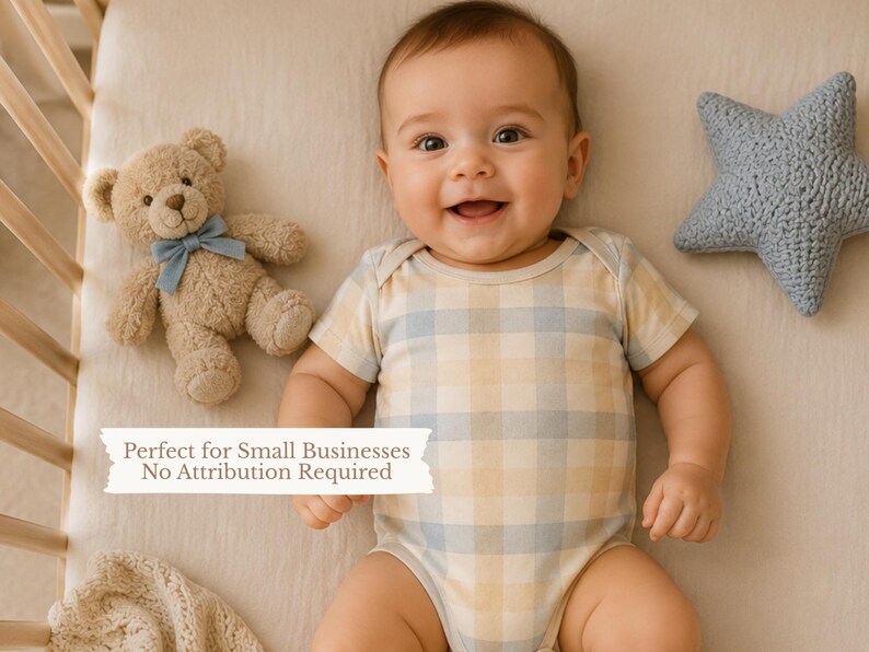 May include: A baby wearing a short-sleeved bodysuit with a light blue and yellow plaid pattern, lying next to a tan plush teddy bear with a blue ribbon and a blue crocheted star-shaped pillow. The image includes text reading Perfect for Small Businesses No Attribution Required.