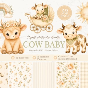 Pode incluir: Pacote de clipart em aquarela com adoráveis ilustrações de vacas em cores neutras. Inclui uma vaca em um carrinho, sentada e em pé, junto com um arco-íris e um sol. O texto diz "COW BABY" e "52 PNG".