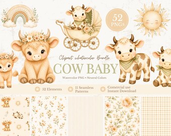 Baby Cow Clipart Bundle, Highland Cow Nursery PNG, Farm Baby Shower Clipart, Watercolor Baby Cow, Floral, Seamless Patterns, Commercial Use
