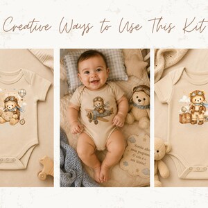 May include: Two beige short-sleeved baby bodysuits and one baby wearing a matching bodysuit, all featuring illustrations of a teddy bear dressed as an aviator with goggles, a scarf, and travel accessories like a suitcase, globe, and airplane.