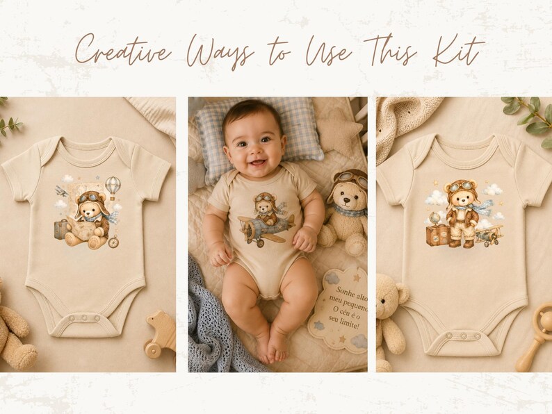 May include: Two beige short-sleeved baby bodysuits and one baby wearing a matching bodysuit, all featuring illustrations of a teddy bear dressed as an aviator with goggles, a scarf, and travel accessories like a suitcase, globe, and airplane.