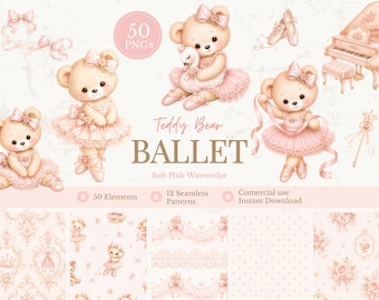 Vintage Ballerina Teddy Bear Clipart Bundle, Pink Ballet Watercolor Bears, Baby Girl Nursery PNG