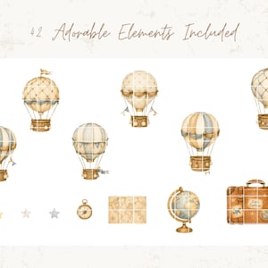 May include: A collection of watercolor illustrations featuring five hot air balloons in beige and blue tones, a compass, a world map, a globe, a brown suitcase with the text Little Explorer, and three small stars, labeled 42 Adorable Elements Included.