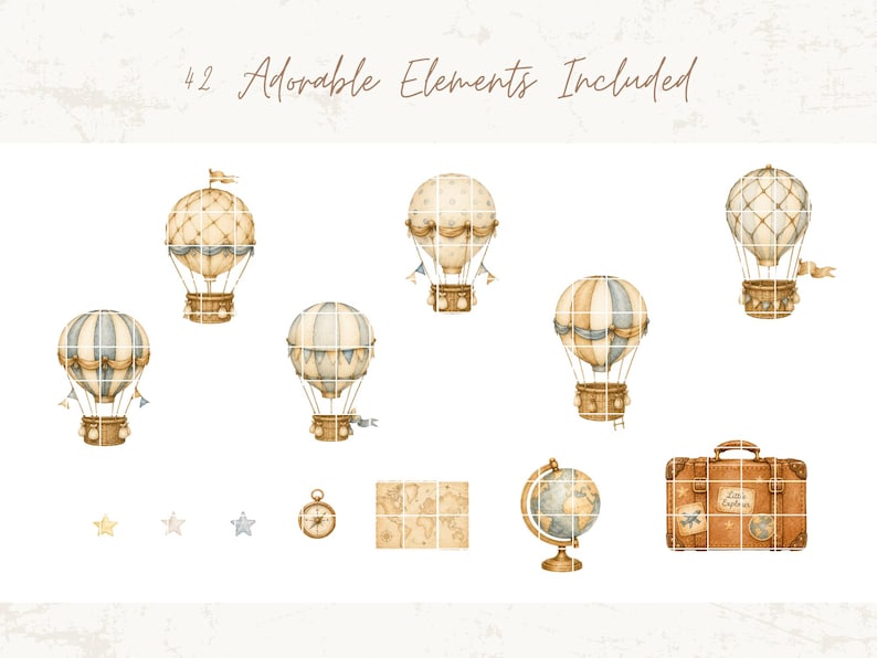 May include: A collection of watercolor illustrations featuring five hot air balloons in beige and blue tones, a compass, a world map, a globe, a brown suitcase with the text Little Explorer, and three small stars, labeled 42 Adorable Elements Included.