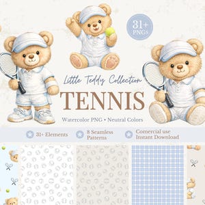 Pode incluir: Ilustração em aquarela de um urso de pelúcia com roupa de tênis, segurando uma raquete e uma bola de tênis. A imagem inclui o texto "Little Teddy Collection TENNIS" e padrões com bolas de tênis. Cores neutras.