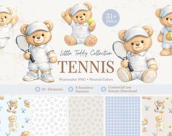 Baby Tennis Teddy Bear Clipart Bundle, Boy Sports Bear PNG, Watercolor Baby Boy Clipart, Seamless Patterns, Commercial Use