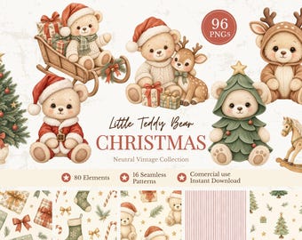 Christmas Teddy Bear Clipart Bundle, Watercolor Christmas PNG, Baby Christmas Clipart, 96 PNGs, Seamless Patterns, Vintage Holiday Clipart