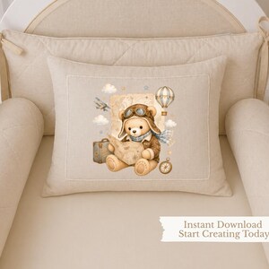 May include: A rectangular beige pillow featuring a printed illustration of a teddy bear dressed as an aviator with goggles, a scarf, and a map. The design includes a suitcase, a hot air balloon, an airplane, and a compass. The text reads Instant Download Start Creating Today.