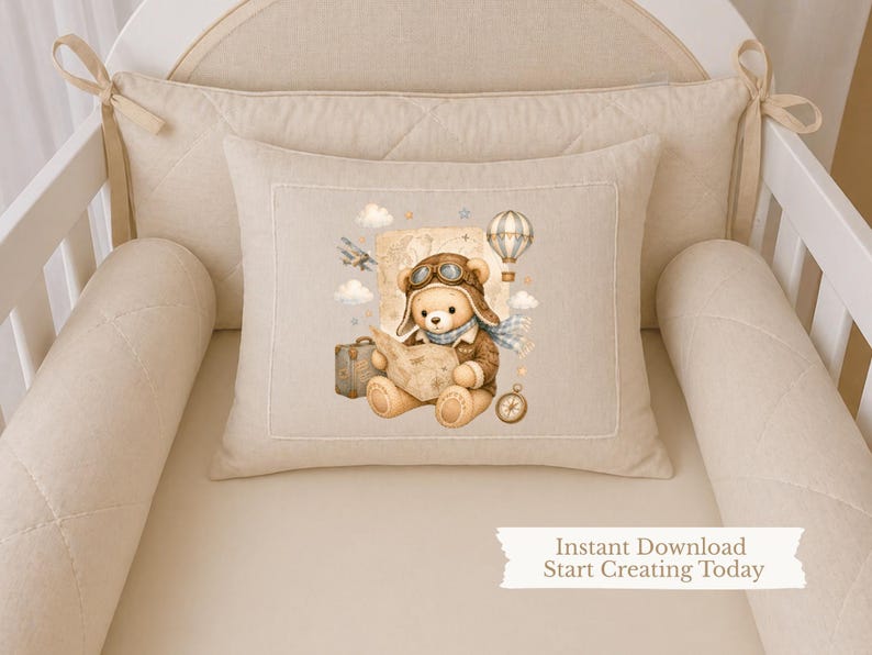 May include: A rectangular beige pillow featuring a printed illustration of a teddy bear dressed as an aviator with goggles, a scarf, and a map. The design includes a suitcase, a hot air balloon, an airplane, and a compass. The text reads Instant Download Start Creating Today.