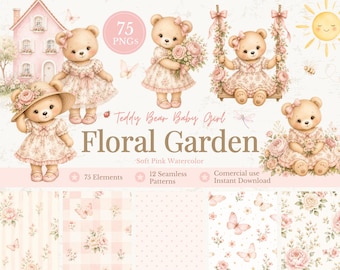 Teddy Bear Floral Garden Clipart Bundle, Baby Girl Watercolor PNG, Pink Teddy Bear Clipart, Baby Shower Girl, Nursery Decor, Commercial Use