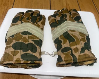 Guantes de caza vintage Sears Duck Camo con palma de cuero y revestimiento de nailon engomado, talla grande para hombre.