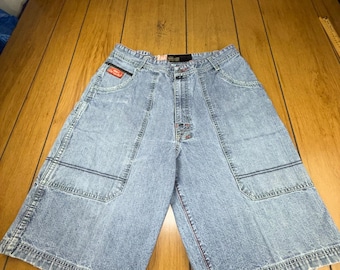 Shorts jeans masculinos Ecko Unltd, tamanho 34, azul, estilo folgado, modelo Y2K Carpenter Team Rally, lavagem clara.