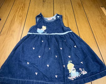 Precious Moments vintage denim jurk 4T blauwe katoenen geborduurde engel gingham
