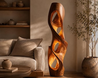 Rustieke houten vloerlamp, handgesneden sculpturale lamp, modern organisch houtlicht, luxe staande lamp, artistiek led-vloerdecor
