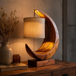 May include: A wooden crescent moon-shaped table lamp with a beige fabric lampshade. The lamp is made of dark wood and sits on a rectangular base. The lamp is on a wooden table with other decorative items.