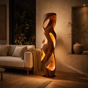 Puede incluir: Una lámpara de pie de madera escultural y alta con un diseño orgánico único. La lámpara presenta líneas curvas y fluidas y espacios abiertos que permiten que brille la luz cálida. La madera tiene una veta rica y natural y un color marrón oscuro.