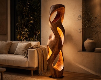 Organische sculpturale vloerlamp handgemaakte houten omgevingslicht moderne rustieke statement lamp artistieke houten verlichting voor woonkamer en slaapkamer