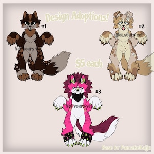 May include: Three cartoon creature designs are shown, each with a unique colour scheme and numbered. The designs include brown, tan, pink, and white. The text "Design Adoptions!" is at the top of the image.