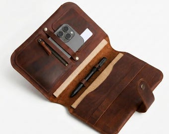 Handmade A5 Leather Notebook Cover, Leather Notebook Cover Traveler, Journal Cover Phone Carry Case, Real Leather Book Case