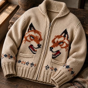 May include: A beige knitted zip-up cardigan with two fox faces on the front. The foxes are in shades of brown, black, and red. The cardigan has a shawl collar, two pockets, and floral accents on the sleeves and bottom hem.